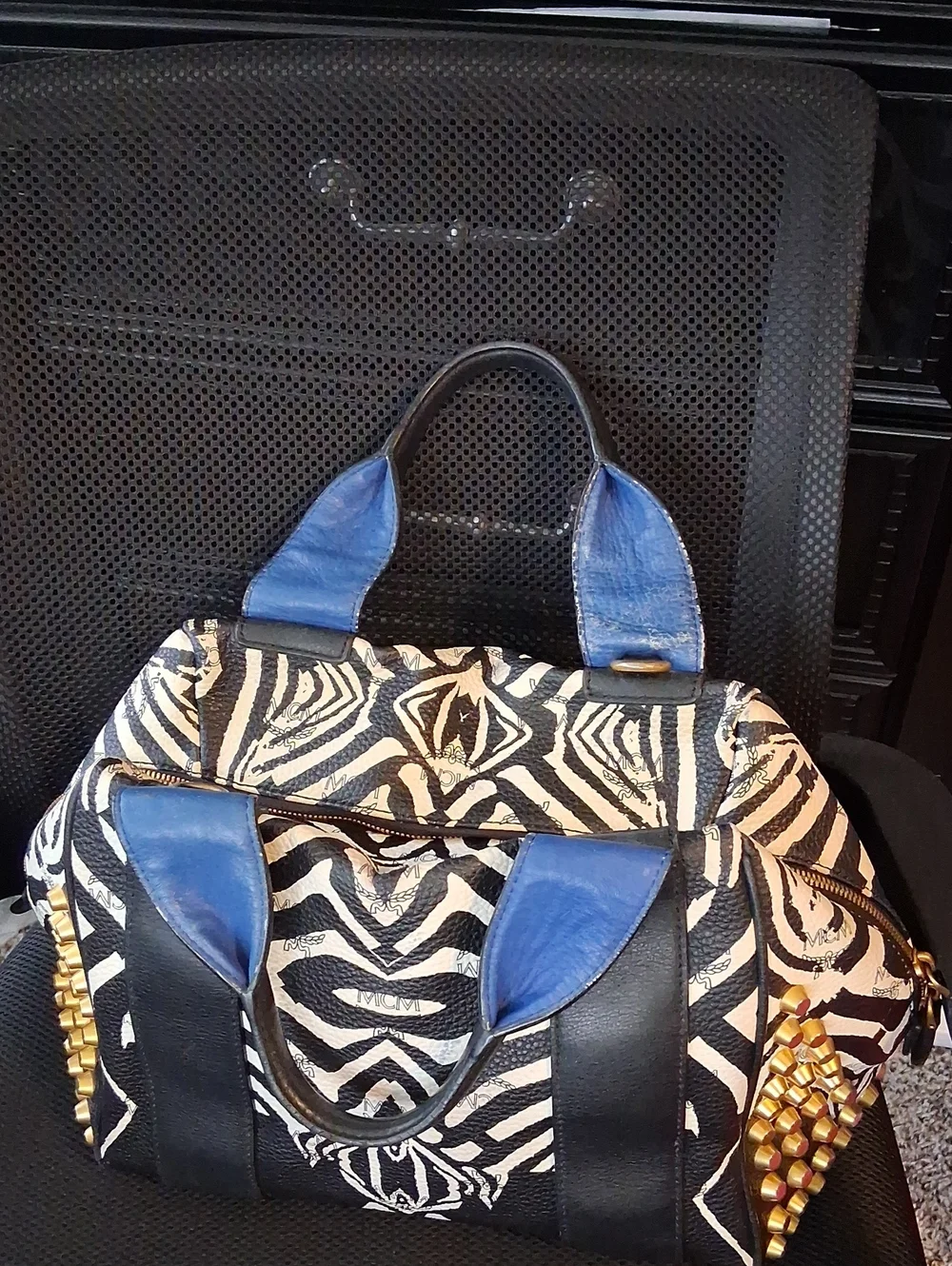 MCM Zebra Print Satchel Handbag with Blue Accents